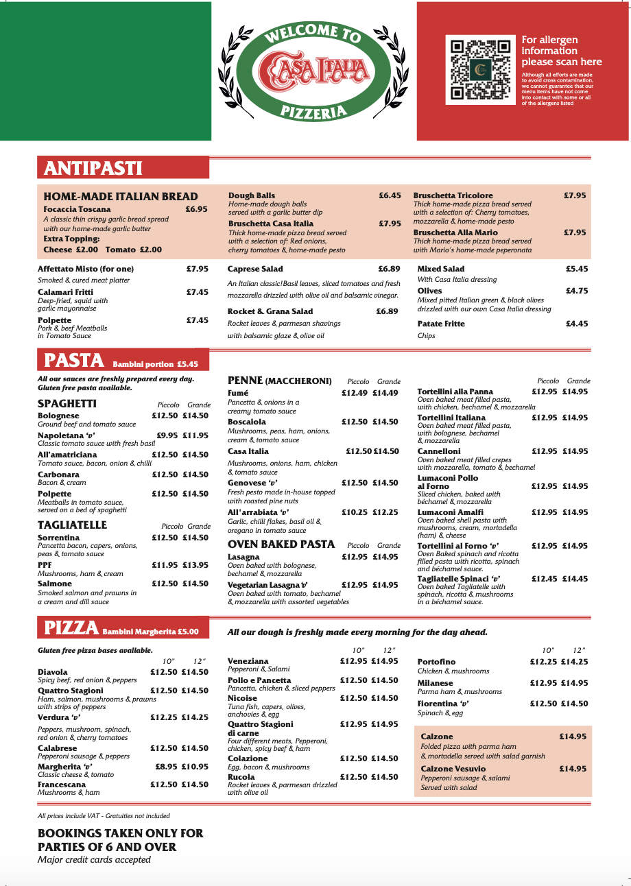 Our Menu s The Casa Italia